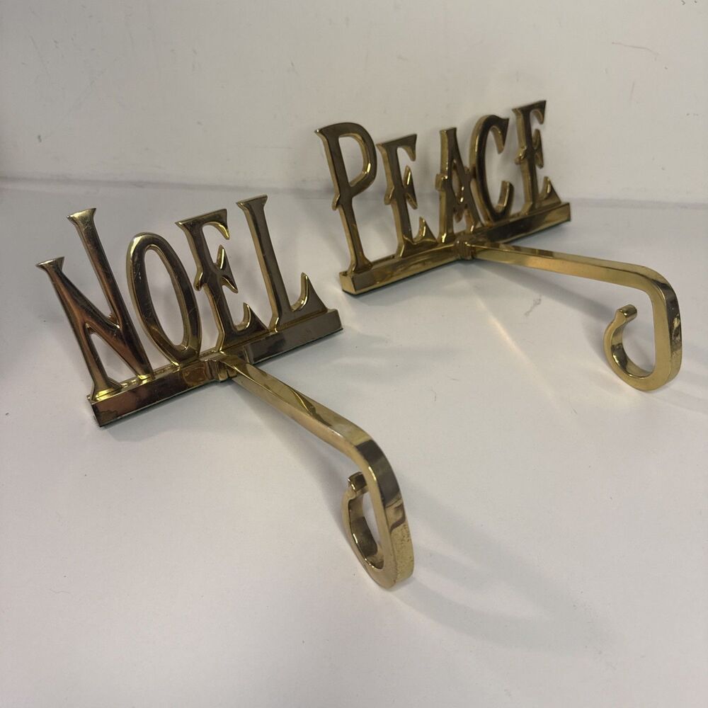 Lot of 2 Brass Long Arm Christmas Stocking Hanger Holder PEACE NOEL